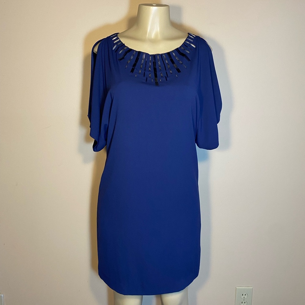 S.L. Fashions Navy Dress with Beaded Detail
